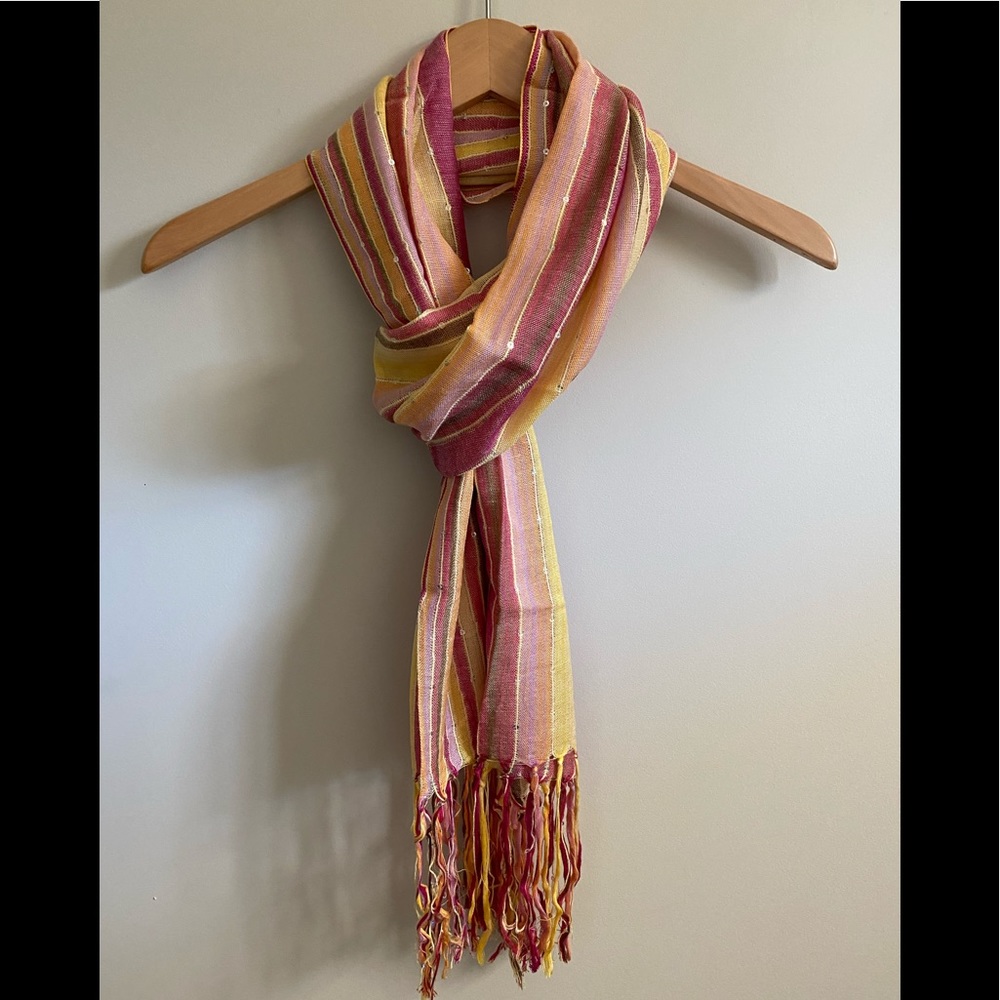 Beautiful striped scarf/shawl of muted yellows, oranges, pinks, with sequins